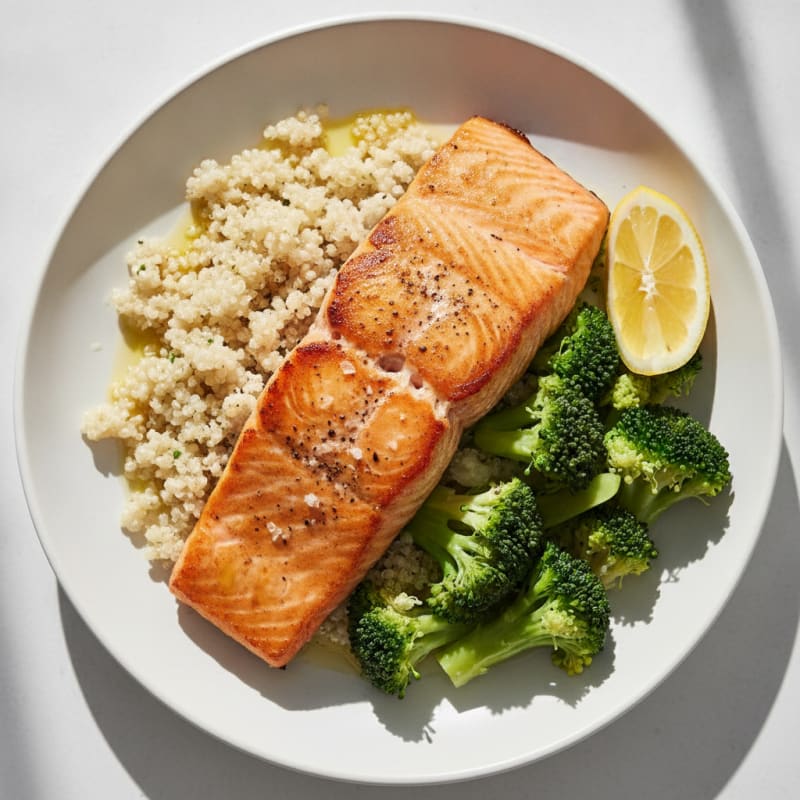Seared Salmon Fillet with Steamed Broccoli and Quinoa