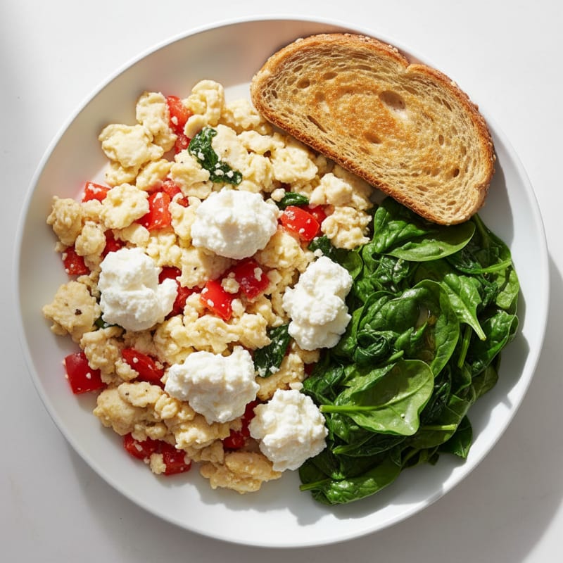 Egg White Veggie Scramble with Cottage Cheese and Sautéed Spinach