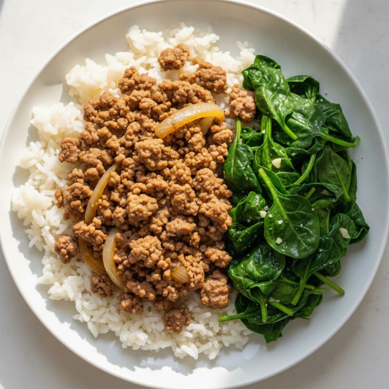 Ground Beef and Rice with Sautéed Spinach