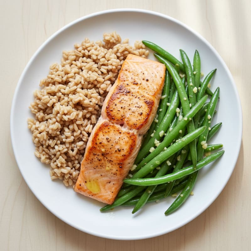 Seared Salmon with Garlic Green Beans and Brown Rice