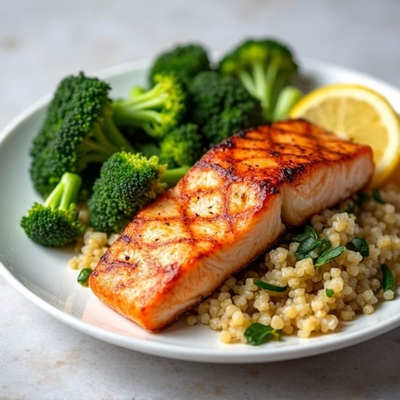 Seared Salmon Fillet with Steamed Broccoli and Quinoa
