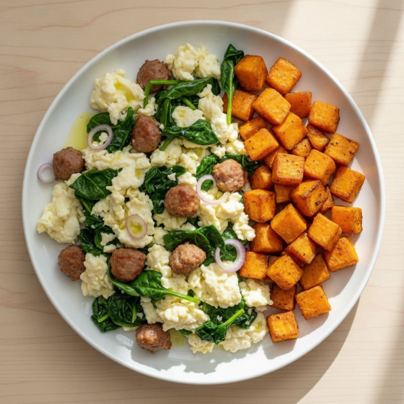 Egg White Spinach Scramble with Turkey Sausage and Roasted Sweet Potato