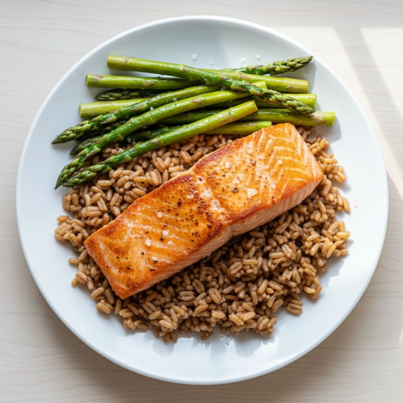 Seared Salmon with Steamed Asparagus and Brown Rice