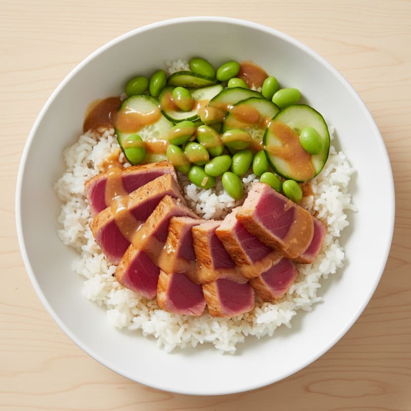 Seared Tuna Poke Bowl with Steamed Rice and Edamame