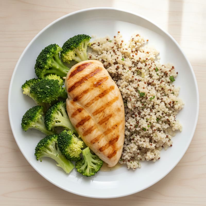 Grilled Chicken Breast with Steamed Broccoli and Quinoa