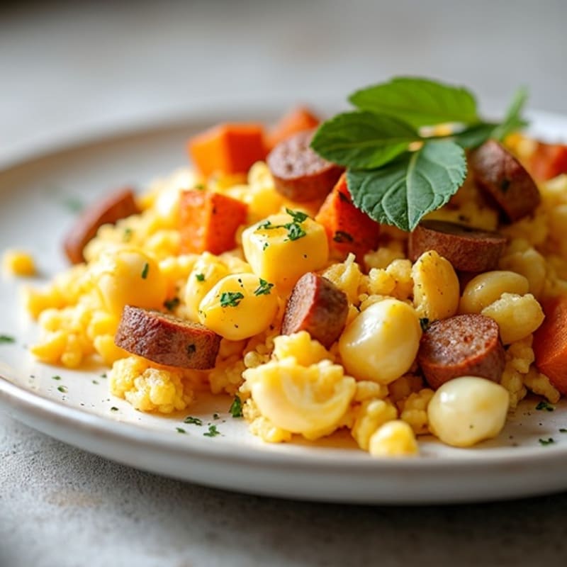 Egg White and Turkey Sausage Scramble with Roasted Sweet Potatoes