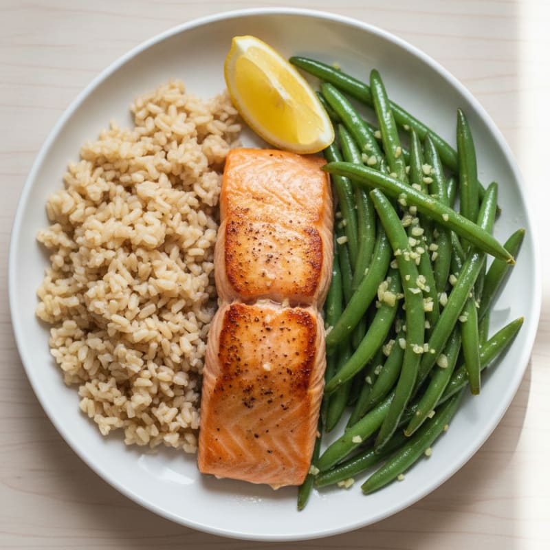 Seared Salmon with Garlic Green Beans and Brown Rice
