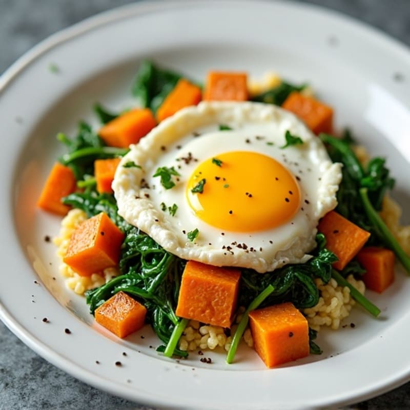 Cottage Cheese Egg White Scramble with Spinach and Roasted Sweet Potato