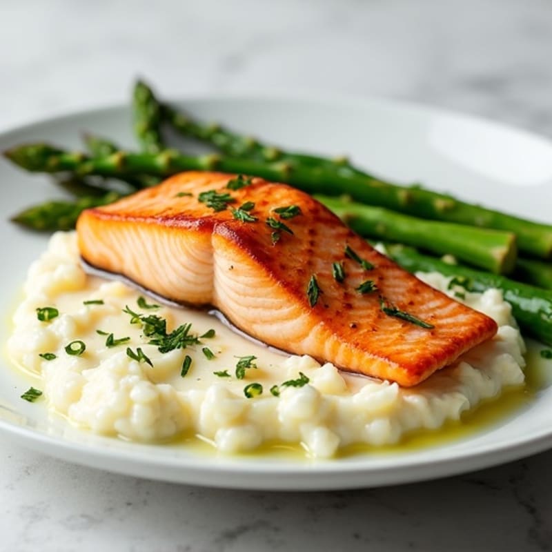 Seared Salmon with Steamed Asparagus and Cauliflower Mash