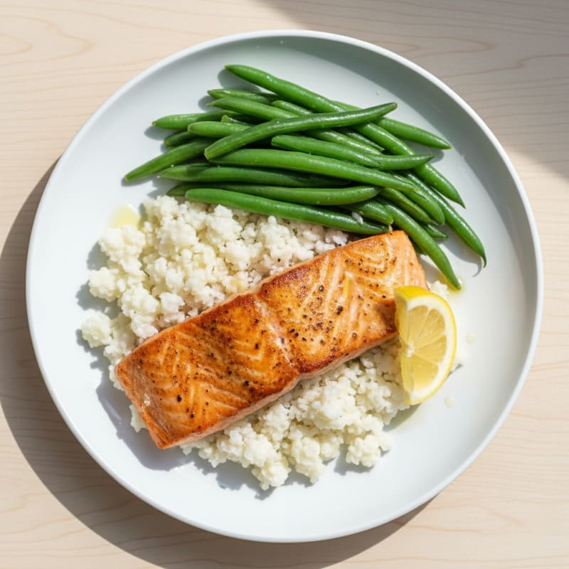 Seared Salmon with Steamed Green Beans and Cauliflower Rice