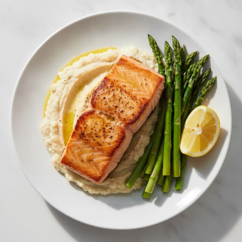 Seared Salmon Fillet with Steamed Asparagus and Cauliflower Mash