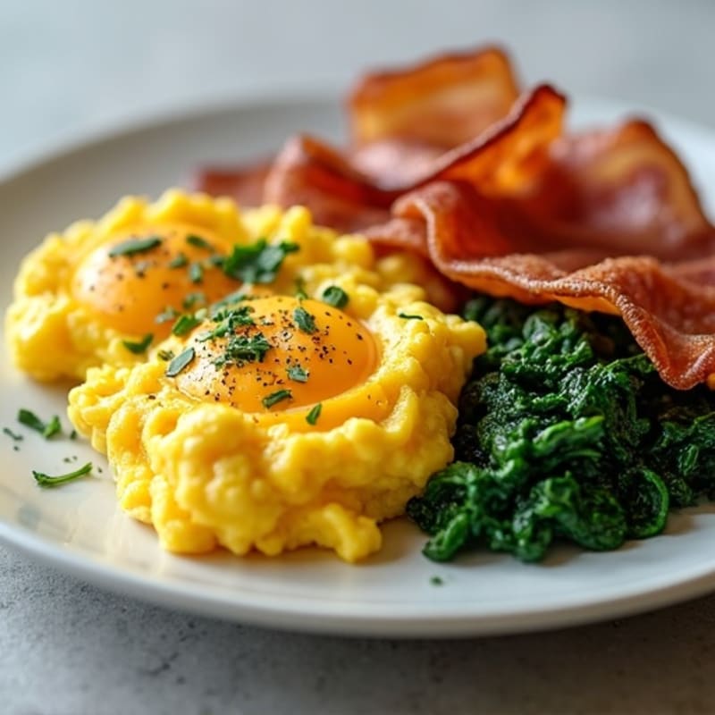 Protein-Packed Scrambled Eggs with Sautéed Spinach and Turkey Bacon