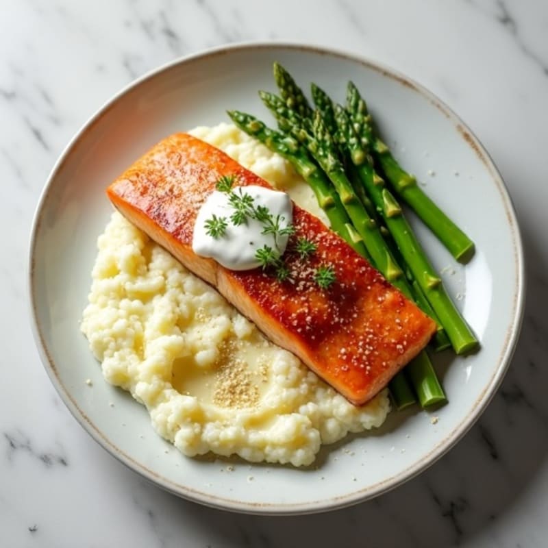 Seared Salmon with Steamed Asparagus and Cauliflower Mash