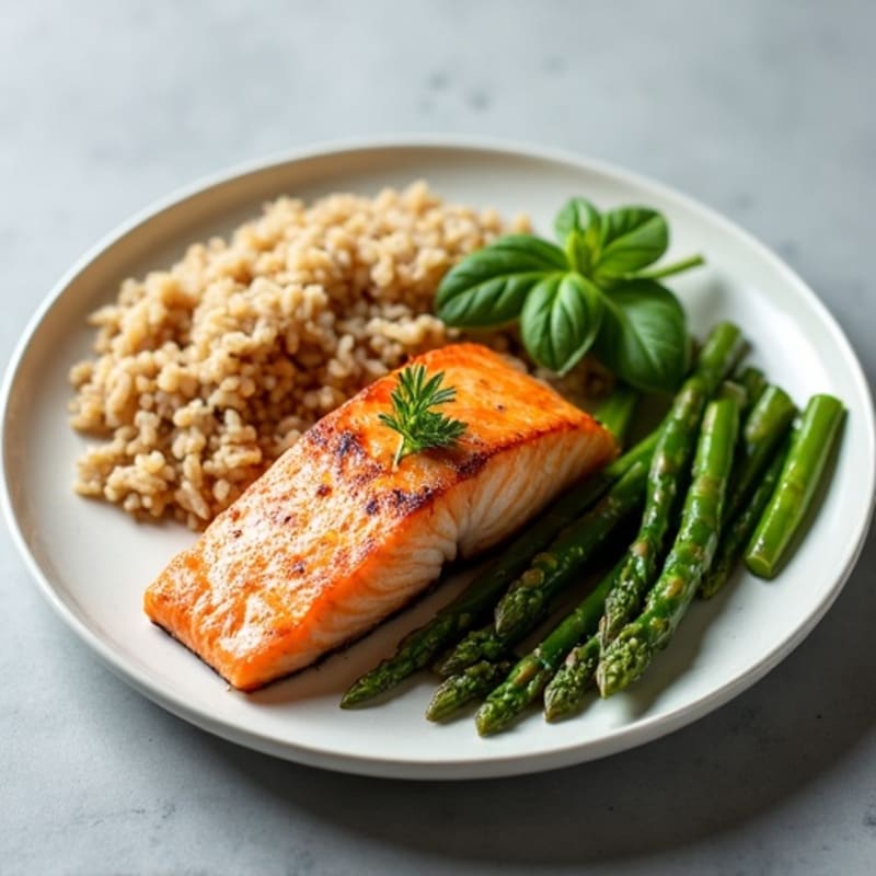 Seared Salmon with Steamed Asparagus and Brown Rice