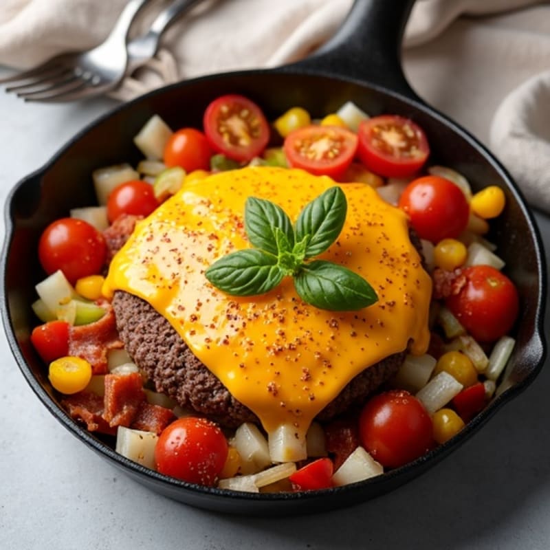 Lean Ground Beef Cheeseburger Skillet with Crispy Turkey Bacon