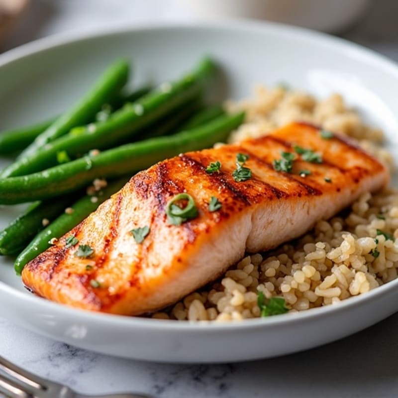 Seared Salmon with Garlic Green Beans and Brown Rice