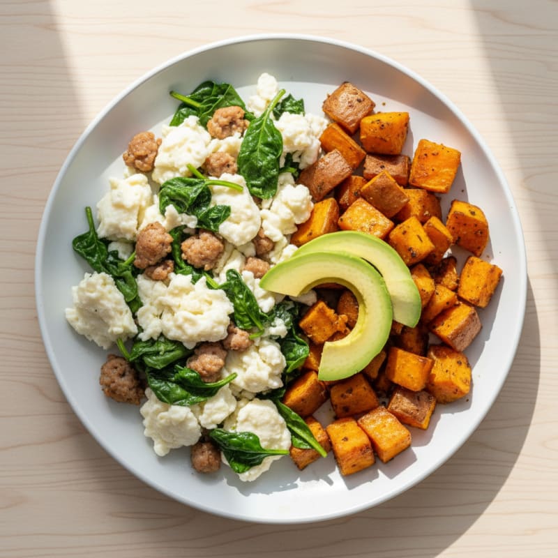 Egg White and Turkey Sausage Scramble with Spinach and Roasted Sweet Potatoes