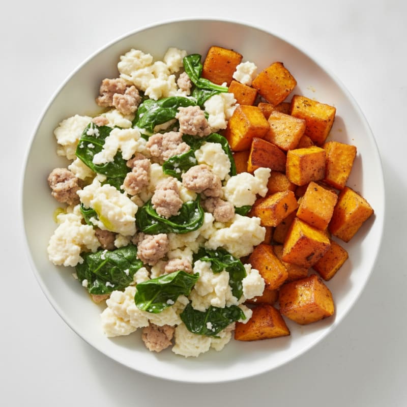 Egg White and Turkey Sausage Scramble with Spinach and Roasted Sweet Potato