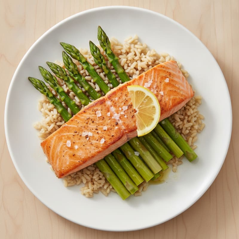 Seared Salmon with Steamed Asparagus and Brown Rice