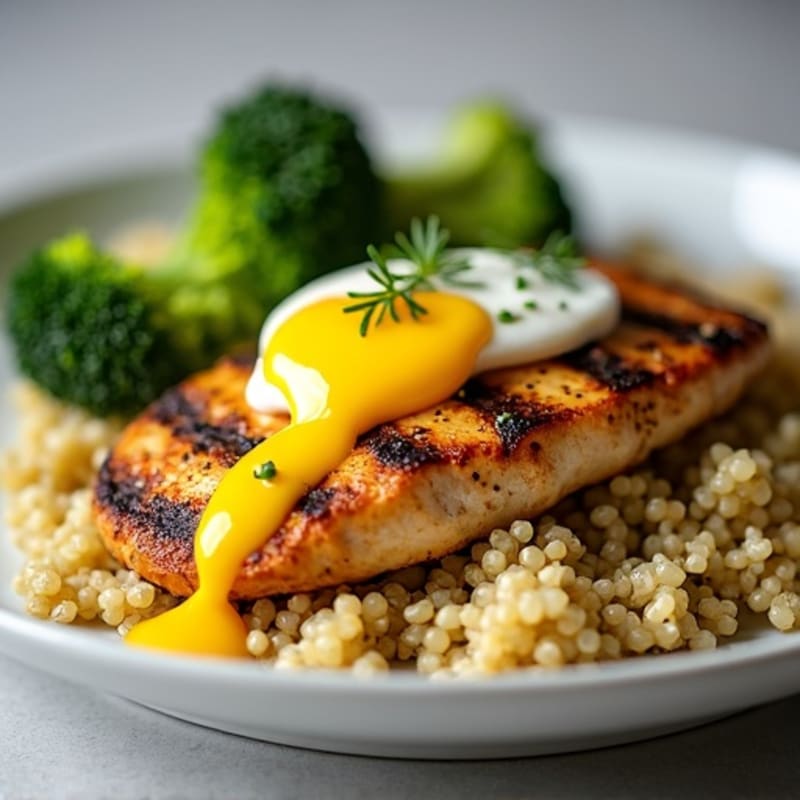 Grilled Chicken Breast with Roasted Broccoli, Quinoa & Poached Egg Yolk