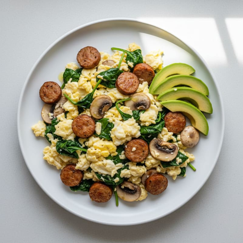 Egg White and Turkey Sausage Scramble with Spinach and Sautéed Mushrooms