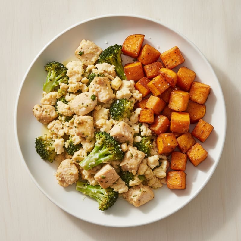 Egg White Scramble with Chicken, Broccoli, and Sweet Potato