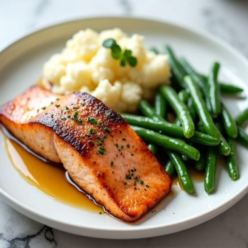 Seared Salmon Fillet with Garlic Green Beans and Cauliflower Mash