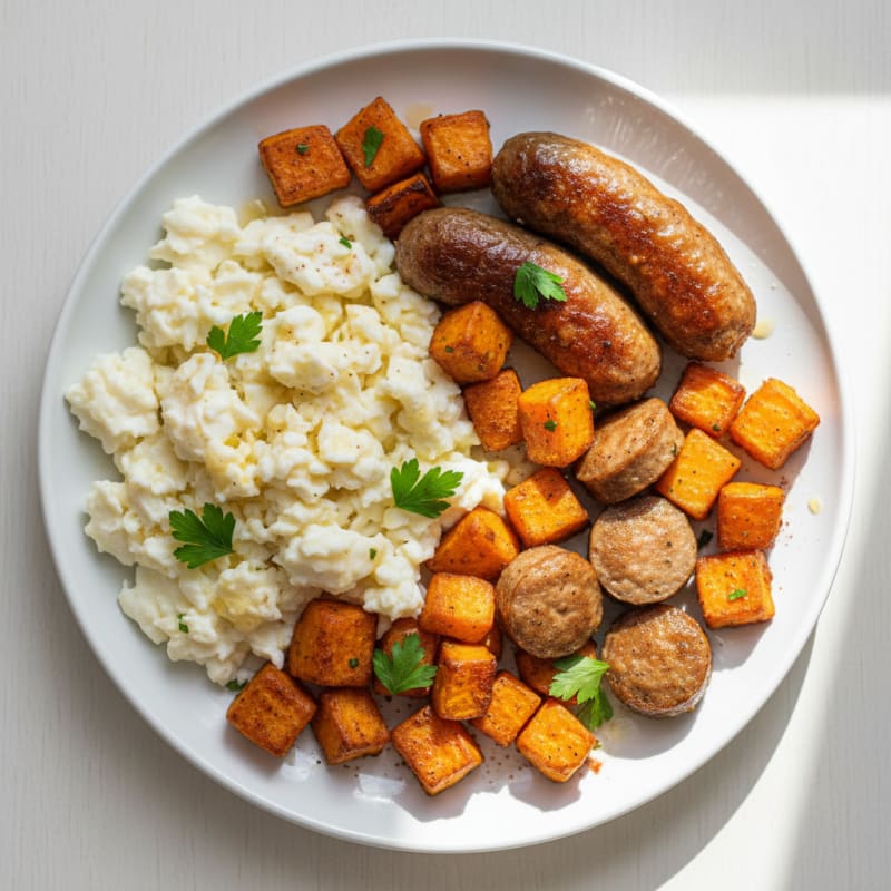 Scrambled Egg Whites with Turkey Sausage and Roasted Sweet Potatoes