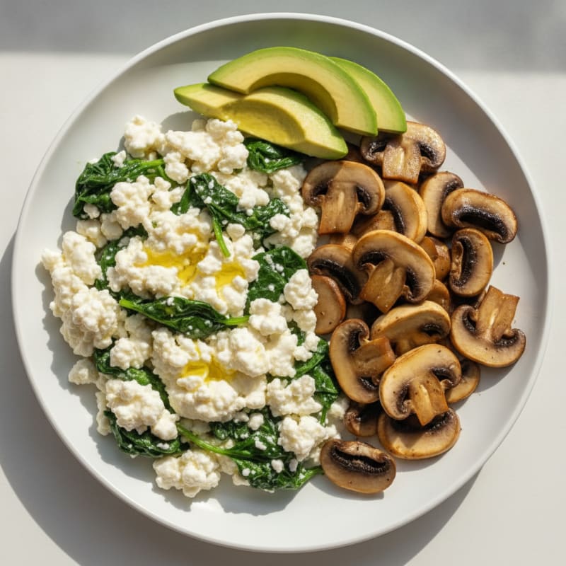 Egg White Spinach Scramble with Cottage Cheese and Sautéed Mushrooms