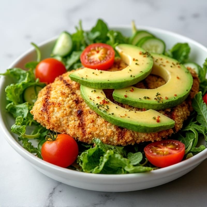 Crispy Avocado, Chicken, and Fresh Greens Salad with Lemon Herb Dressing