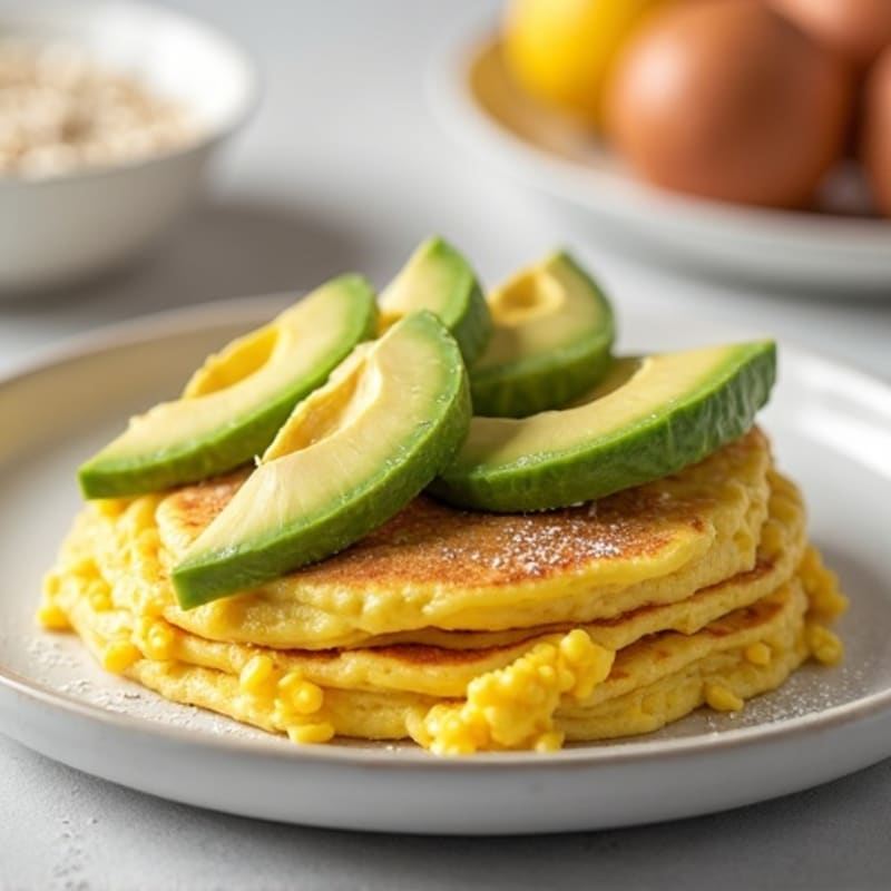 Fluffy Scrambled Eggs with Sliced Avocado and Protein Pancakes
