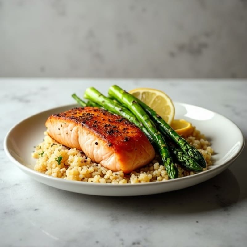 Seared Salmon Fillet with Roasted Asparagus and Quinoa