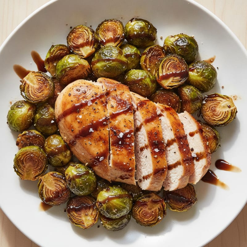 Balsamic Glazed Brussels Sprouts with Roasted Chicken