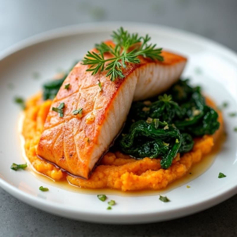 Seared Salmon with Garlic Spinach and Sweet Potato Mash