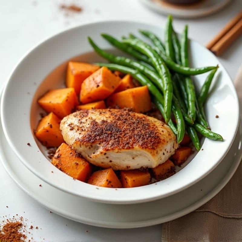 Cinnamon-Spiced Roasted Chicken with Sweet Potato Hash and Crispy Green Beans
