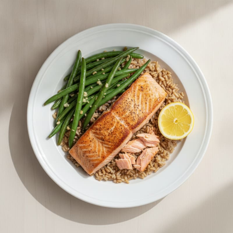 Seared Salmon with Garlic Green Beans and Brown Rice