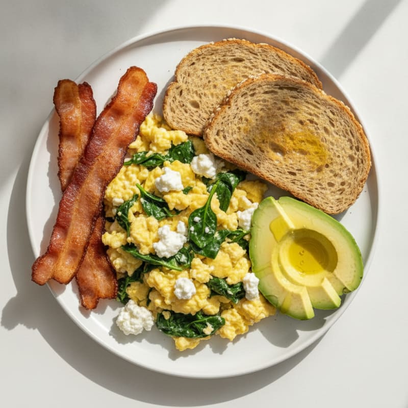 Cottage Cheese Scramble with Spinach and Turkey Bacon