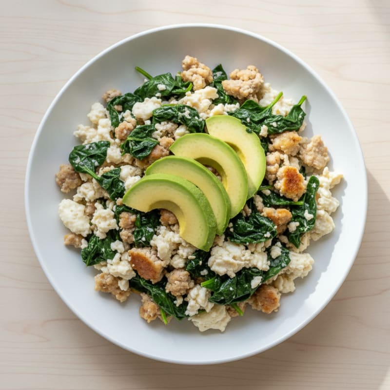 Egg White and Turkey Sausage Scramble with Sautéed Spinach