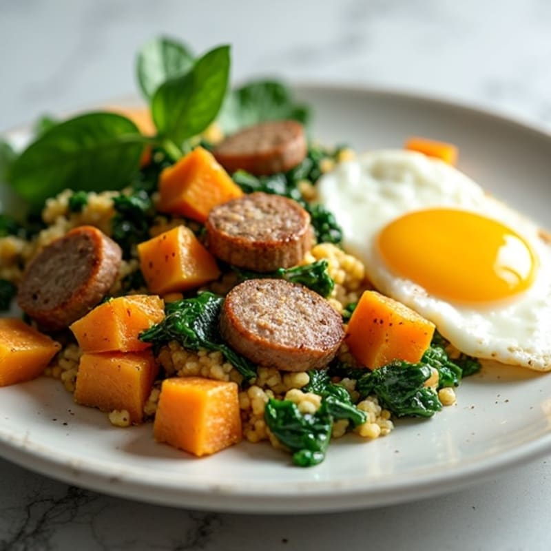 Egg White and Turkey Sausage Scramble with Spinach and Sweet Potato