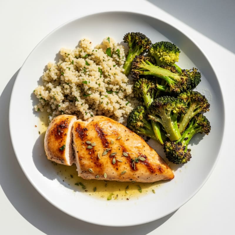 Grilled Lemon Herb Chicken Breast with Quinoa and Roasted Broccoli