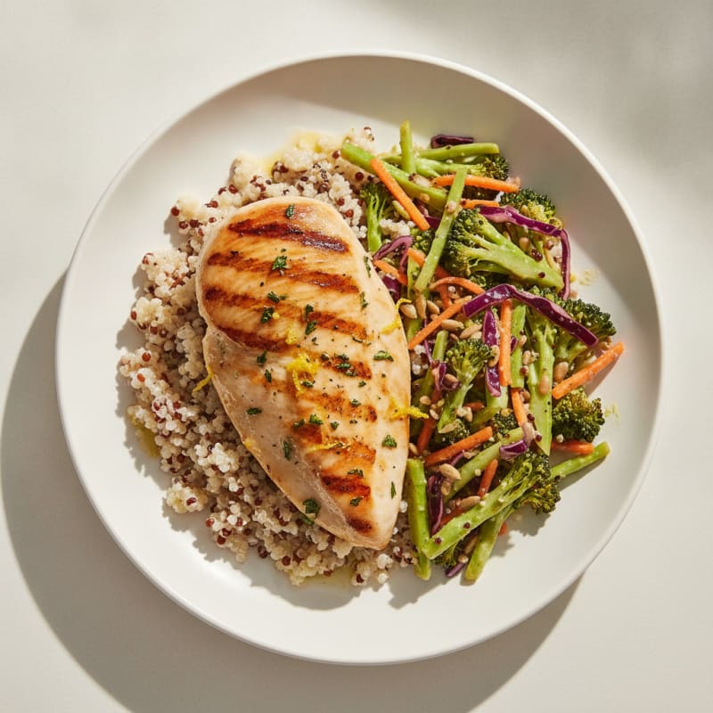 Grilled Chicken Breast with Quinoa and Crunchy Broccoli Slaw