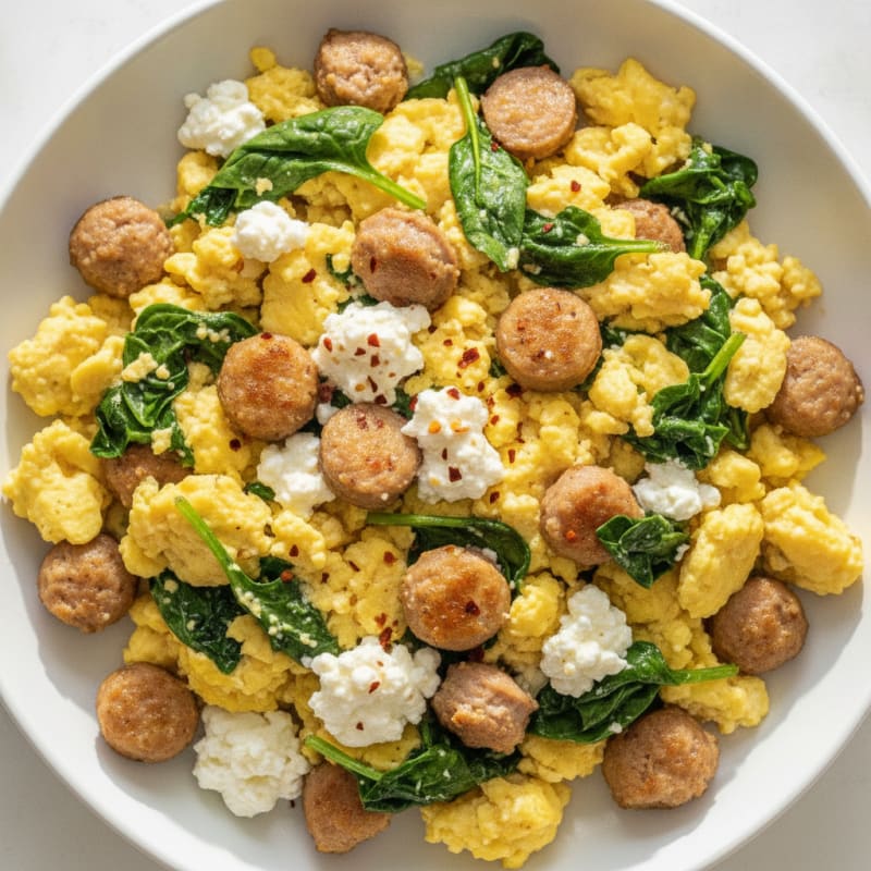 Cottage Cheese Scramble with Turkey Sausage and Spinach