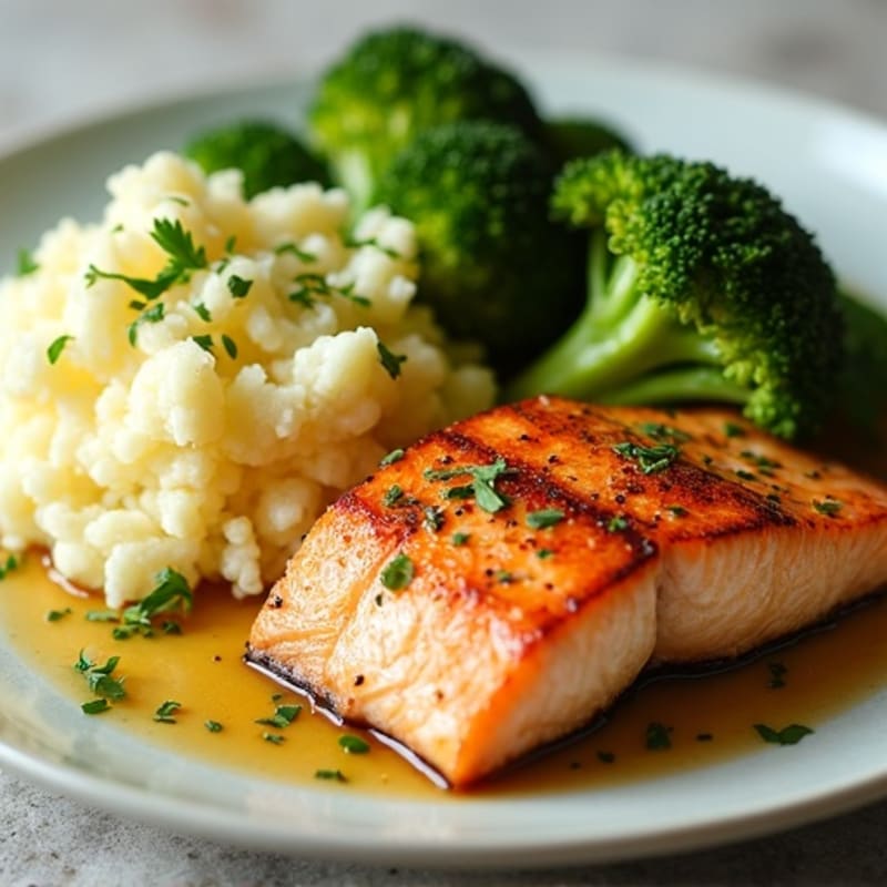 Seared Salmon Fillet with Roasted Broccoli and Garlic Mashed Cauliflower