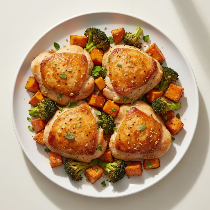 Roasted Chicken Thighs with Broccoli and Sweet Potatoes