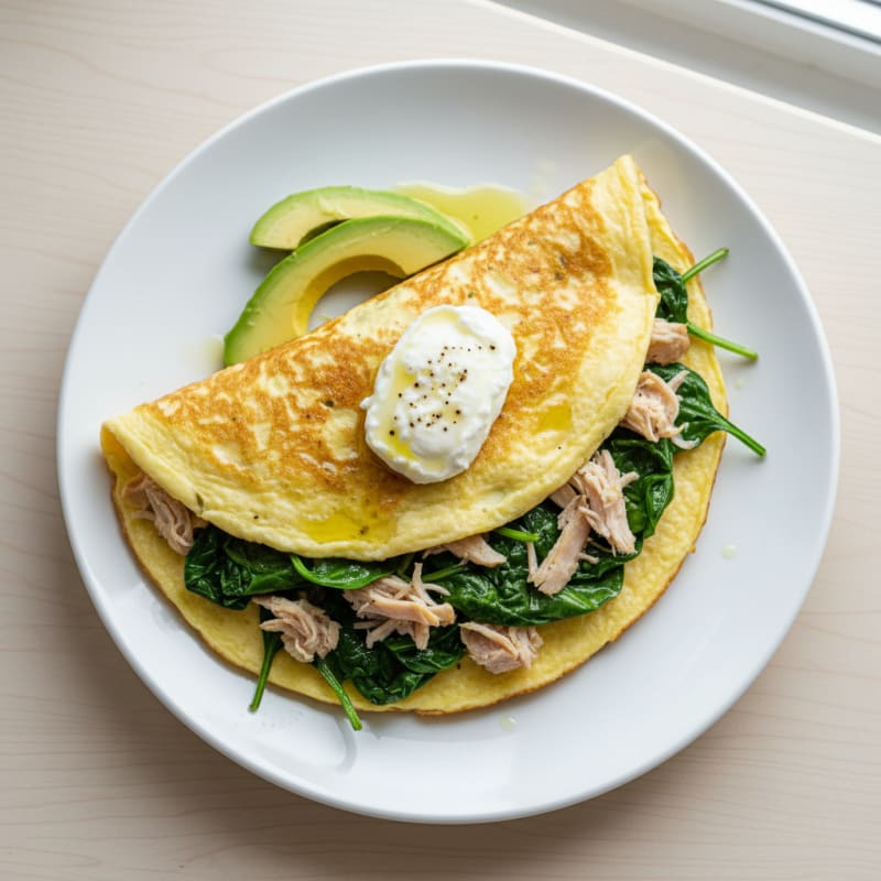 Egg White Omelette with Turkey Breast and Sautéed Spinach