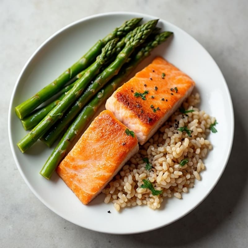 Seared Salmon Fillet with Steamed Asparagus and Brown Rice