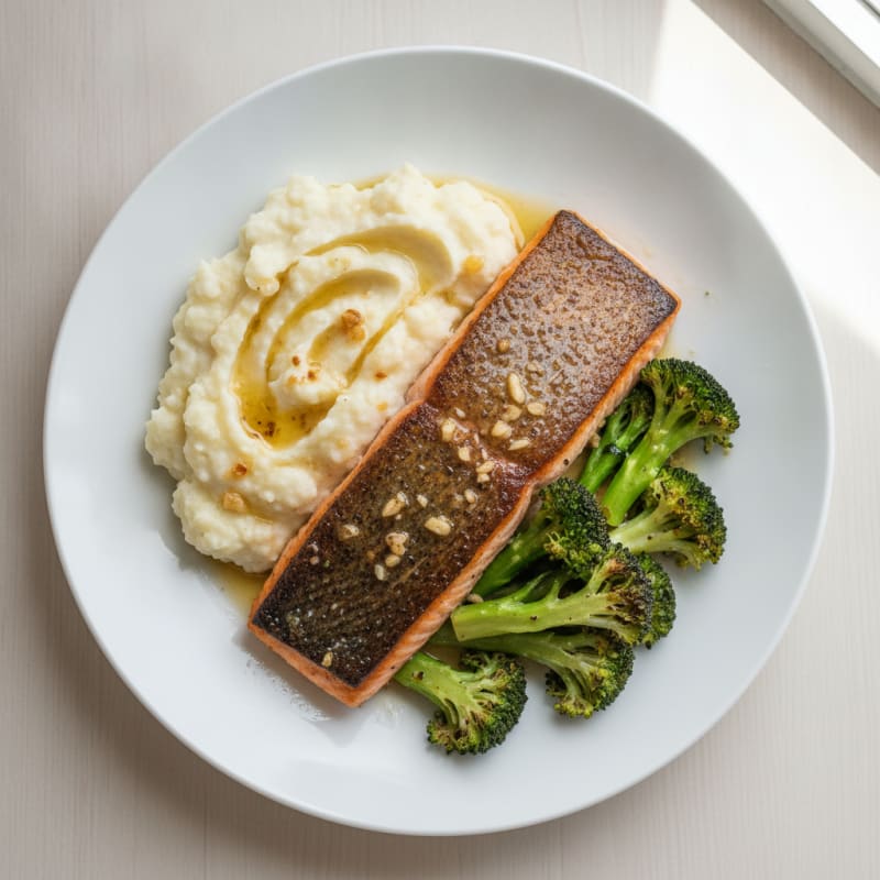 Seared Salmon Fillet with Roasted Broccoli and Garlic Mashed Cauliflower