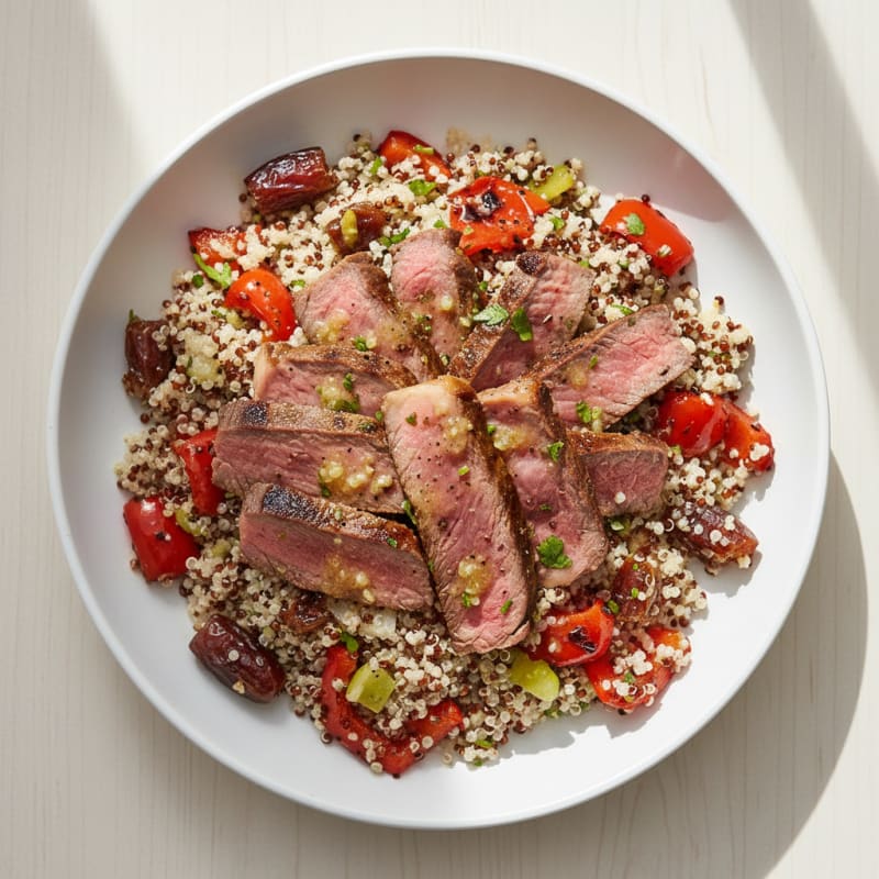 Seared Lean Beef with Roasted Peppers and Quinoa Salad