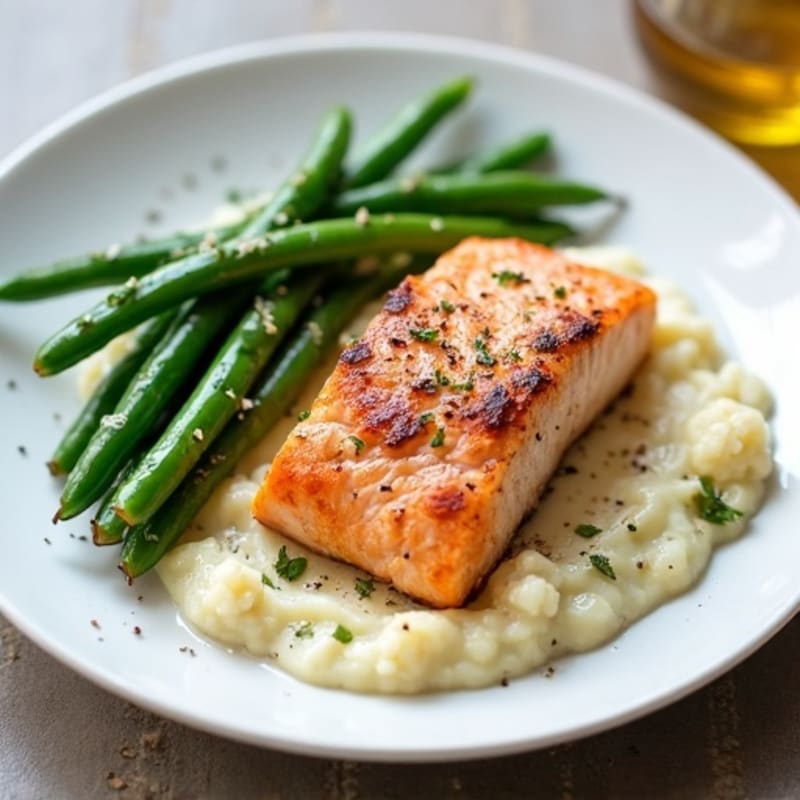 Seared Salmon with Steamed Green Beans and Garlic Mashed Cauliflower