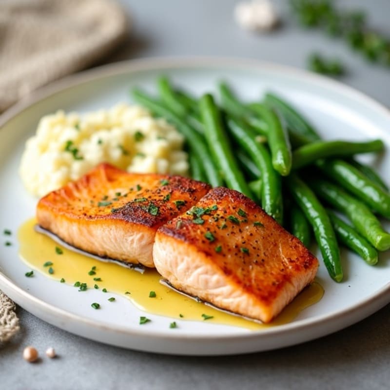 Seared Salmon with Steamed Green Beans and Garlic Mashed Cauliflower